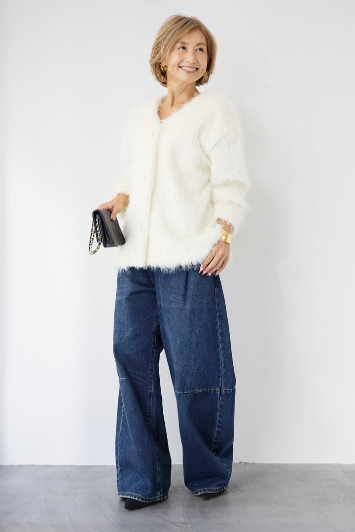 [SET]エアリーシャギーカーディガン+カーブデニムパンツ(2set)