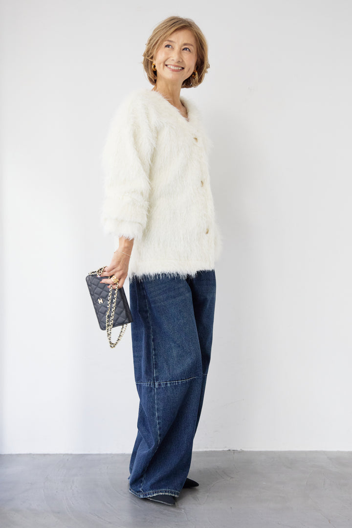 [SET]エアリーシャギーカーディガン+カーブデニムパンツ(2set)