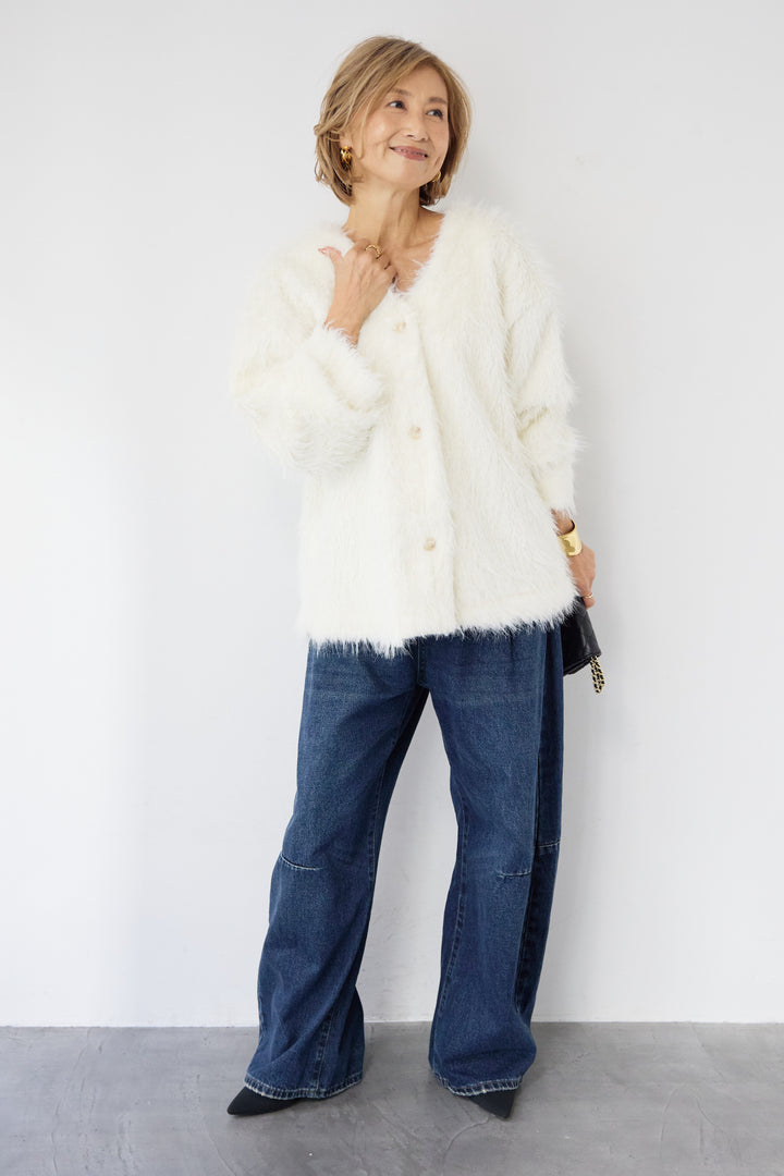 [SET]エアリーシャギーカーディガン+カーブデニムパンツ(2set)