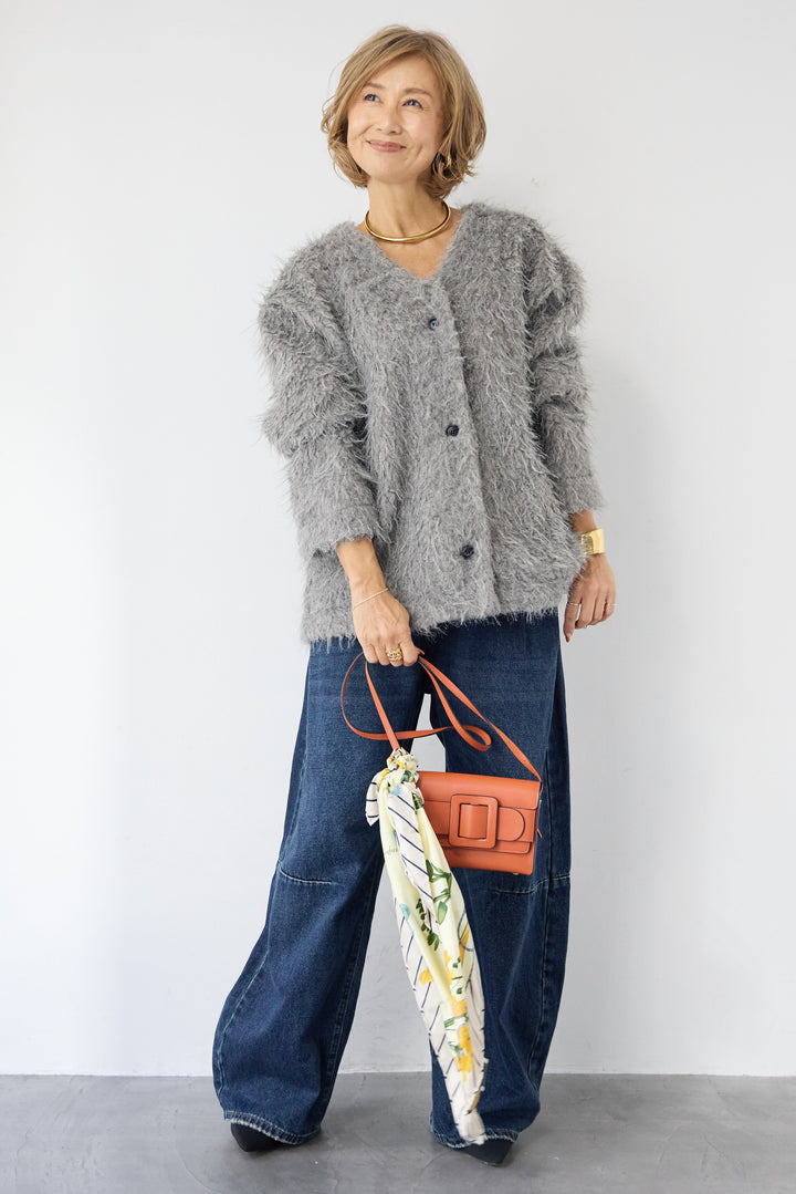 [SET]エアリーシャギーカーディガン+カーブデニムパンツ(2set)