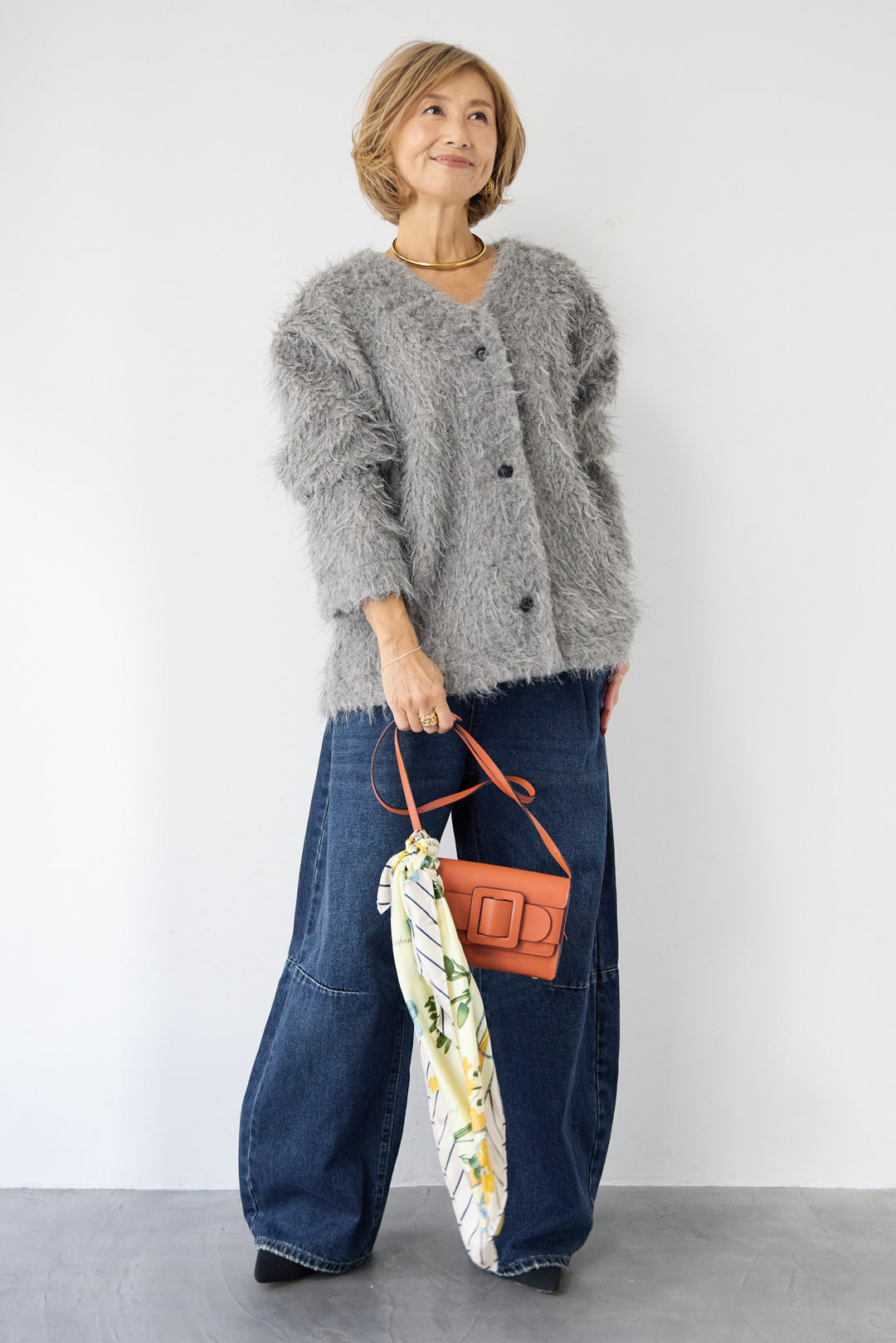 [SET]エアリーシャギーカーディガン+カーブデニムパンツ(2set)