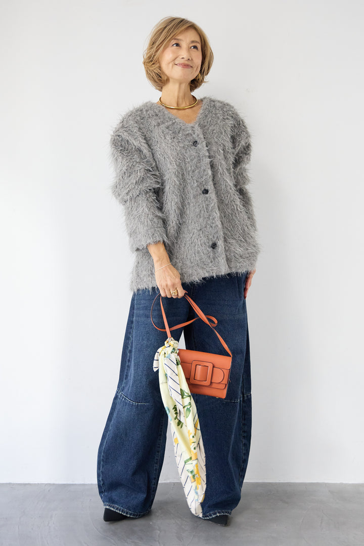 [SET]エアリーシャギーカーディガン+カーブデニムパンツ(2set)