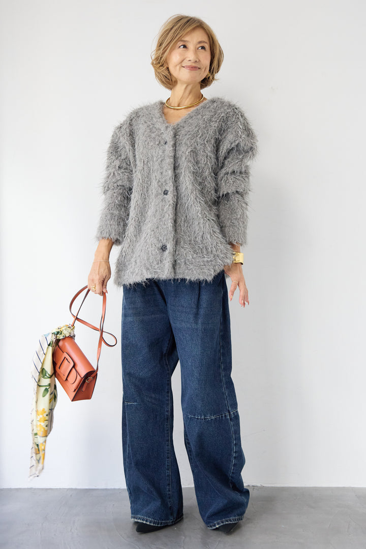 [SET]エアリーシャギーカーディガン+カーブデニムパンツ(2set)