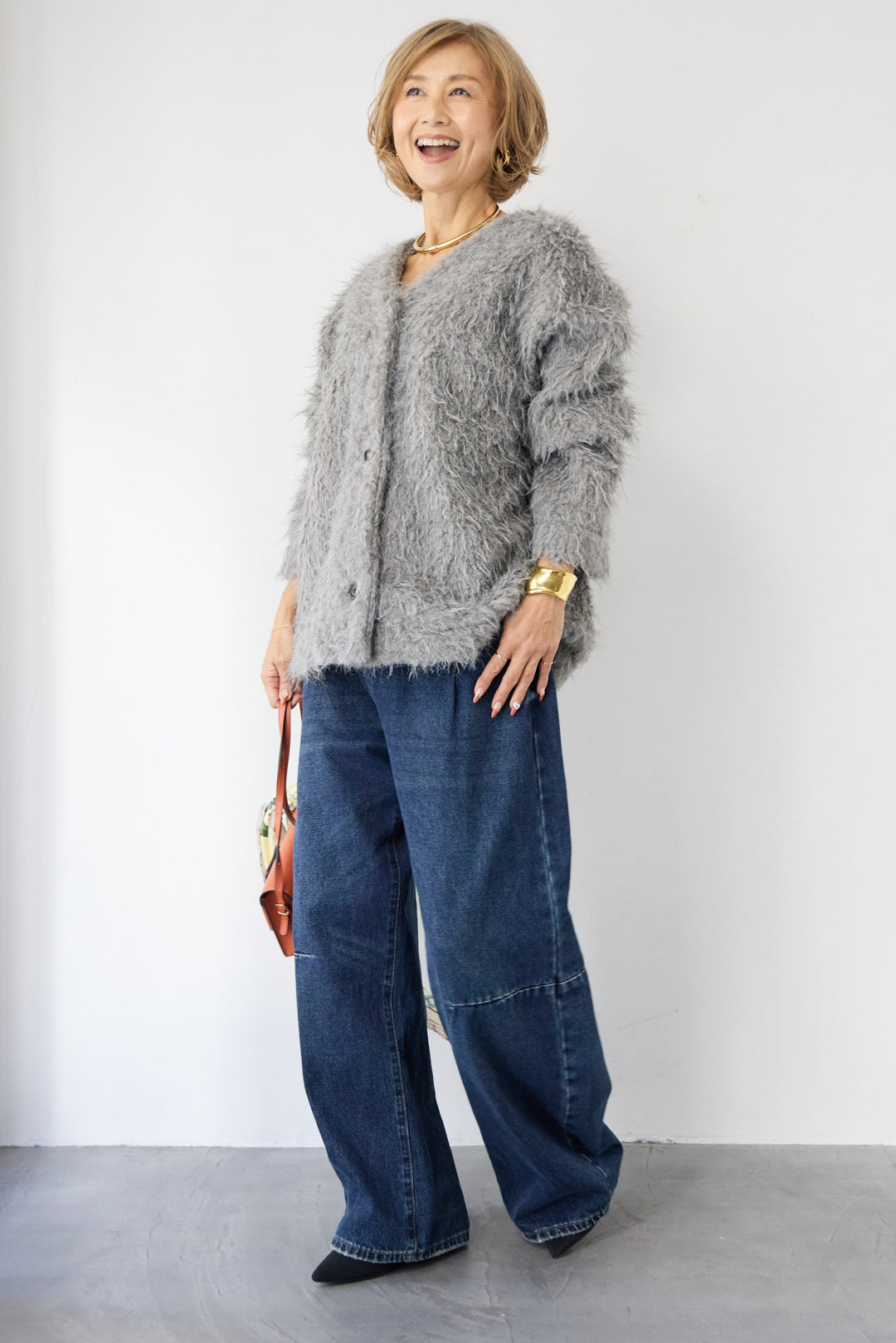 [SET]エアリーシャギーカーディガン+カーブデニムパンツ(2set)