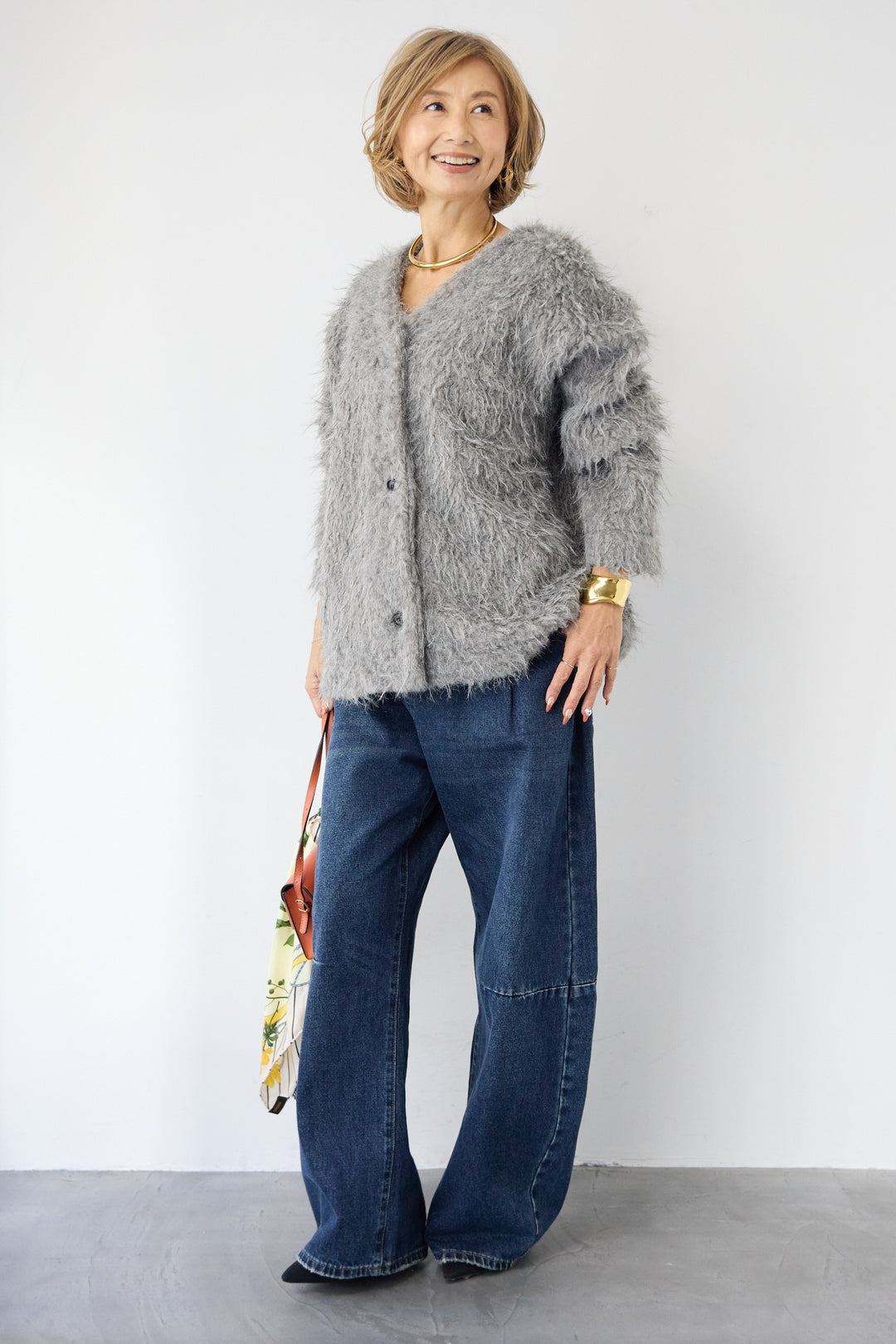 [SET]エアリーシャギーカーディガン+カーブデニムパンツ(2set)