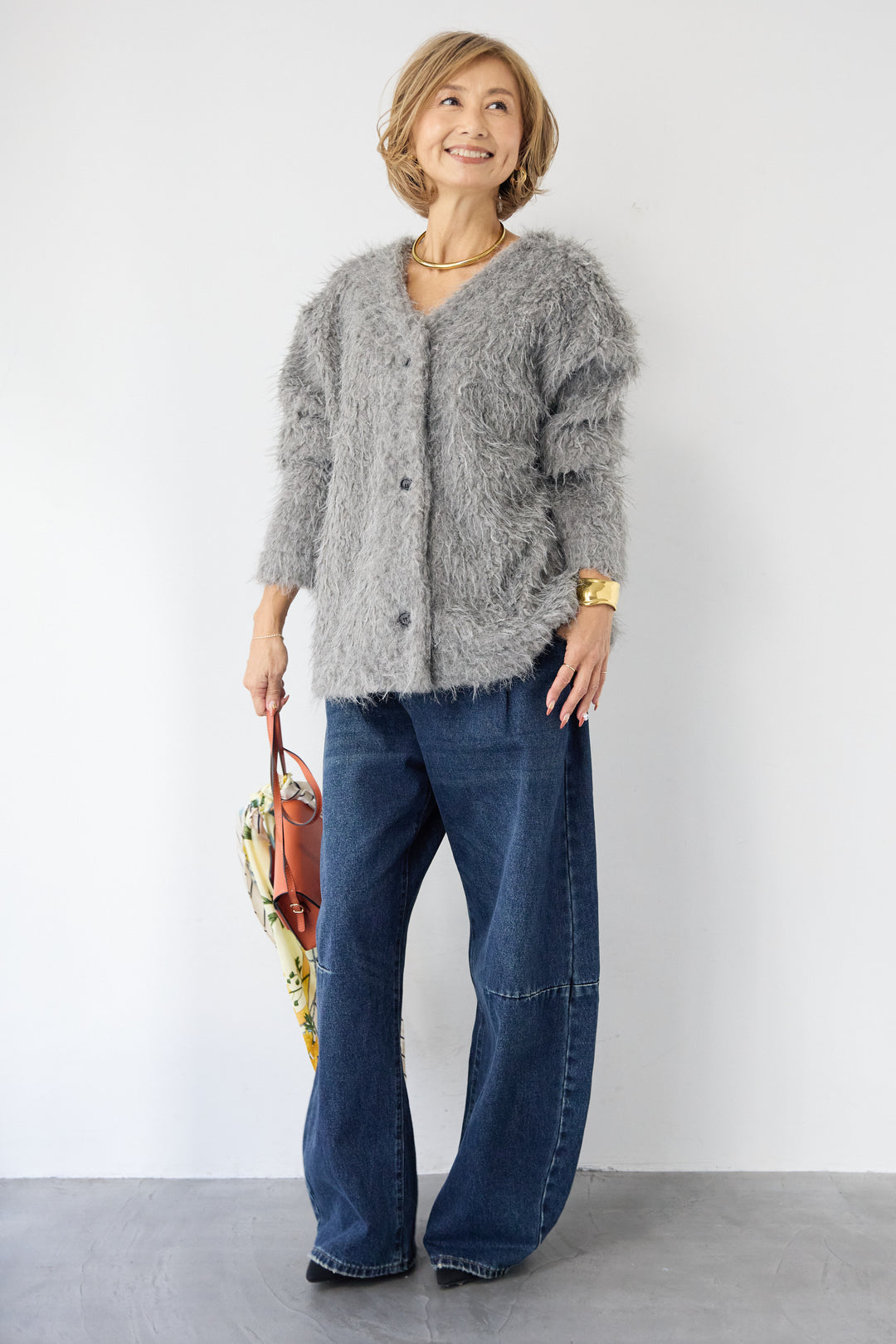 [SET]エアリーシャギーカーディガン+カーブデニムパンツ(2set)