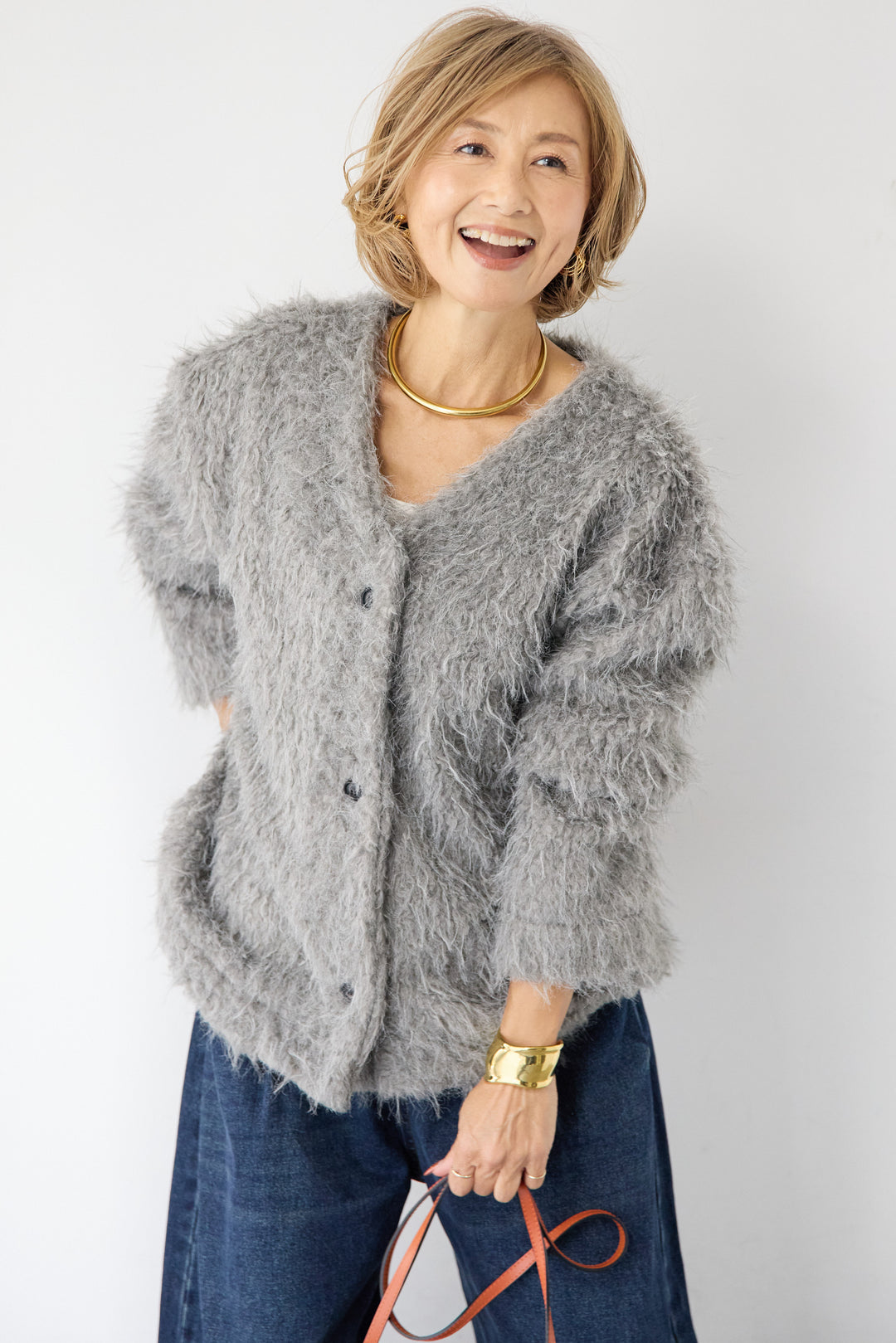 [SET]エアリーシャギーカーディガン+カーブデニムパンツ(2set)