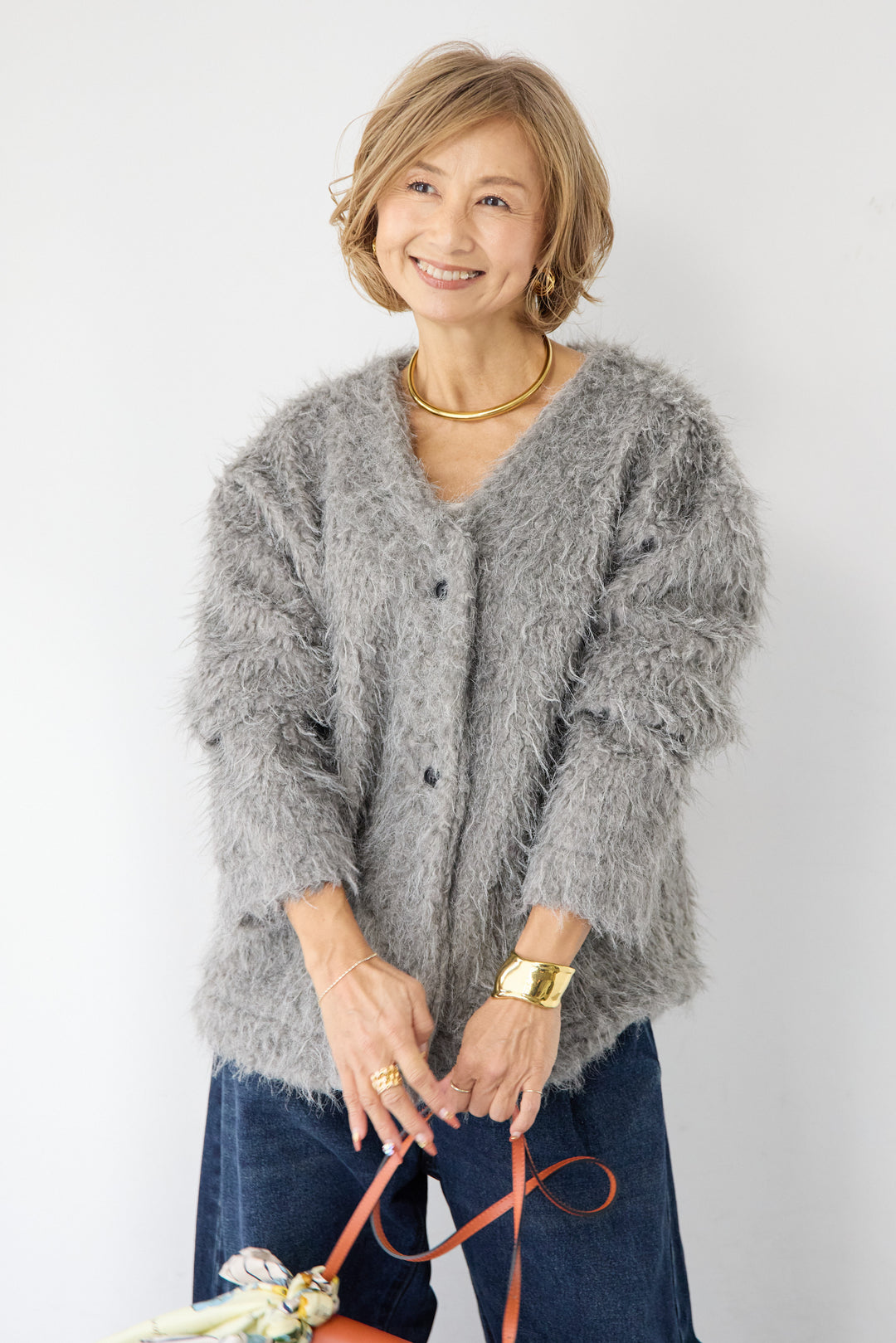 [SET]エアリーシャギーカーディガン+カーブデニムパンツ(2set)