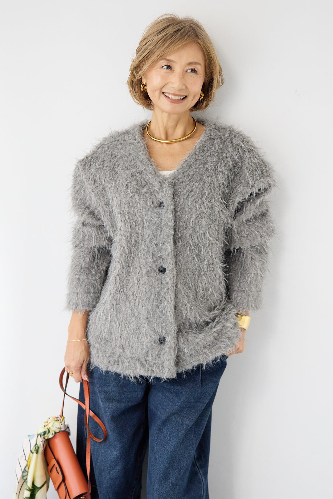 [SET]エアリーシャギーカーディガン+カーブデニムパンツ(2set)