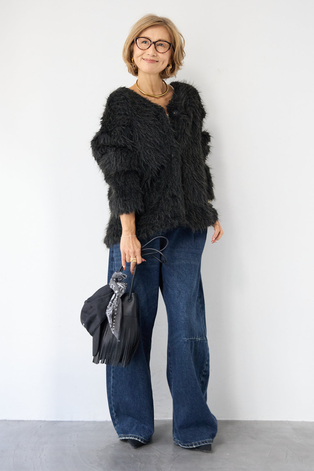 [SET]エアリーシャギーカーディガン+カーブデニムパンツ(2set)