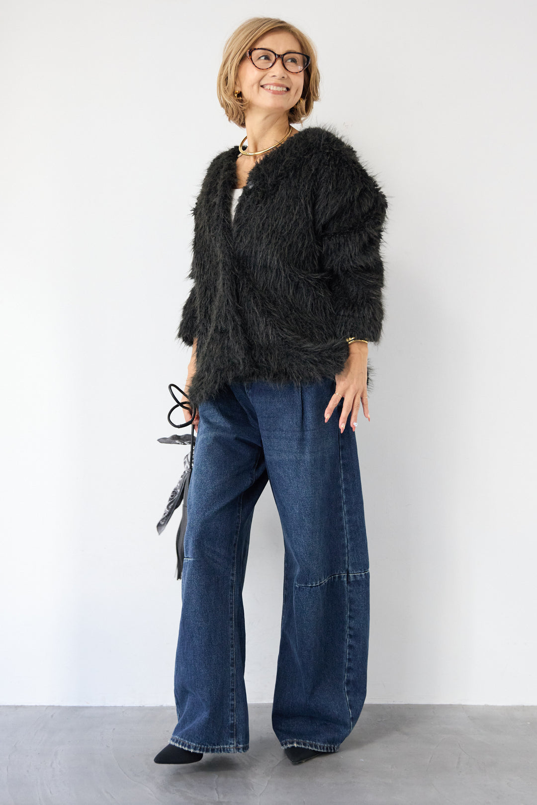 [SET]エアリーシャギーカーディガン+カーブデニムパンツ(2set)