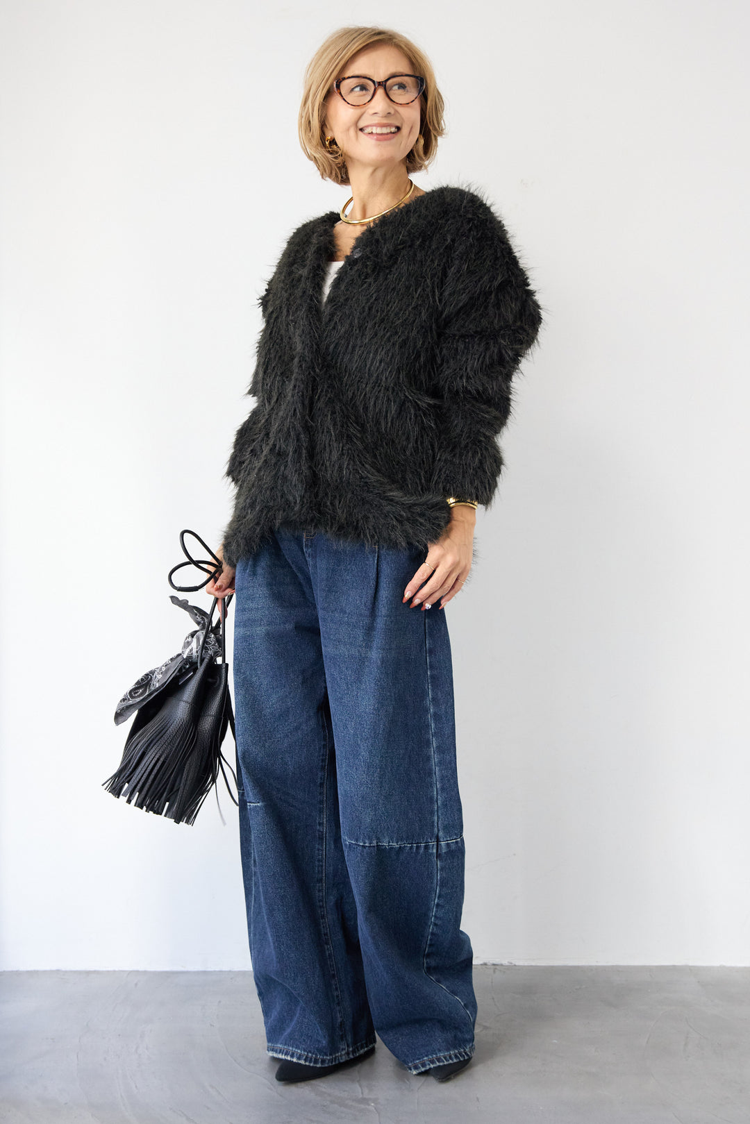 [SET]エアリーシャギーカーディガン+カーブデニムパンツ(2set)