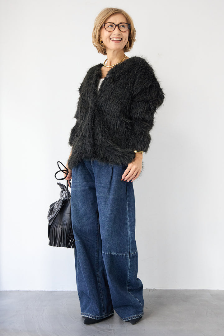 [SET]エアリーシャギーカーディガン+カーブデニムパンツ(2set)