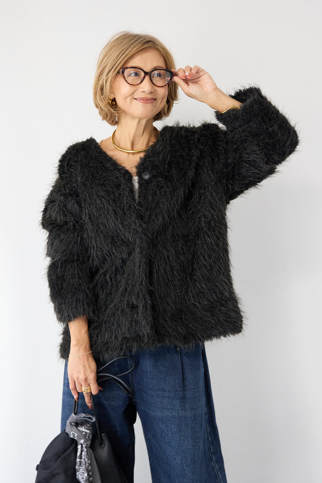 [SET]エアリーシャギーカーディガン+カーブデニムパンツ(2set)