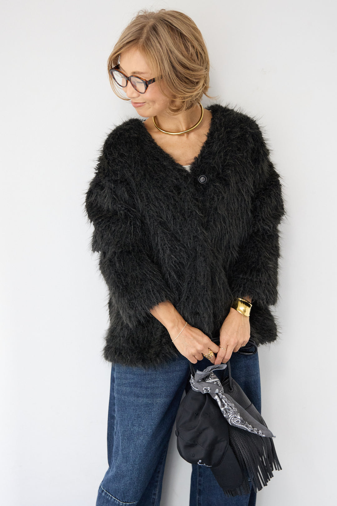 [SET]エアリーシャギーカーディガン+カーブデニムパンツ(2set)