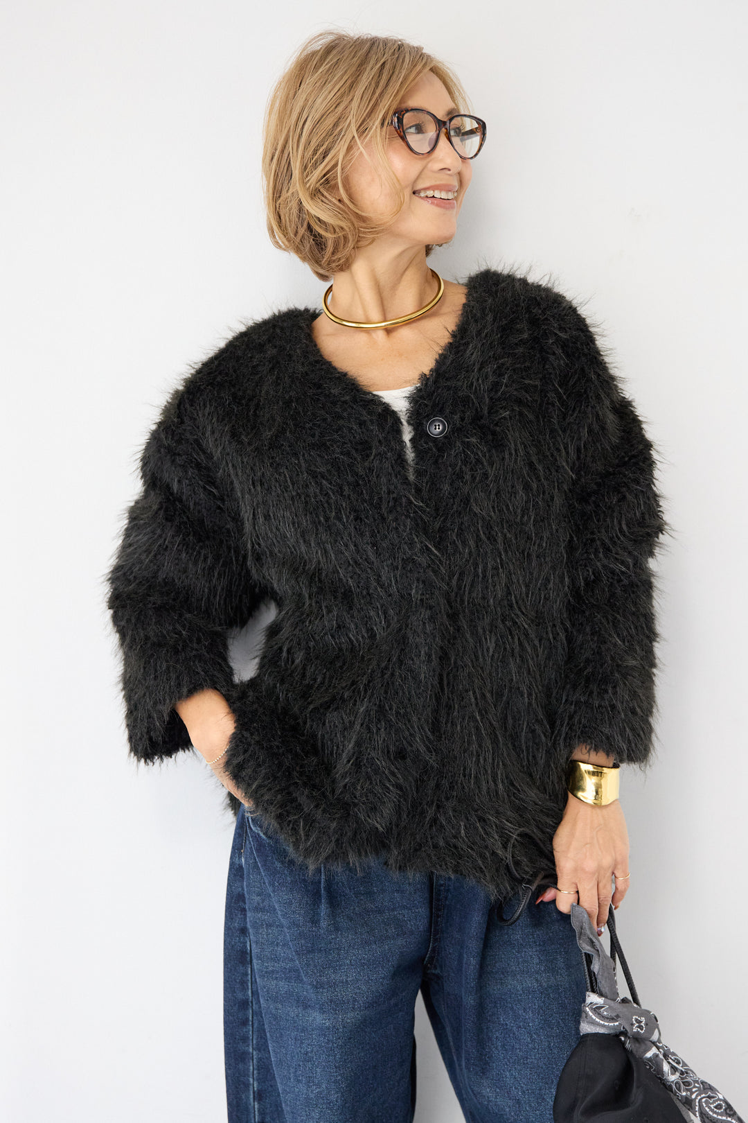 [SET]エアリーシャギーカーディガン+カーブデニムパンツ(2set)