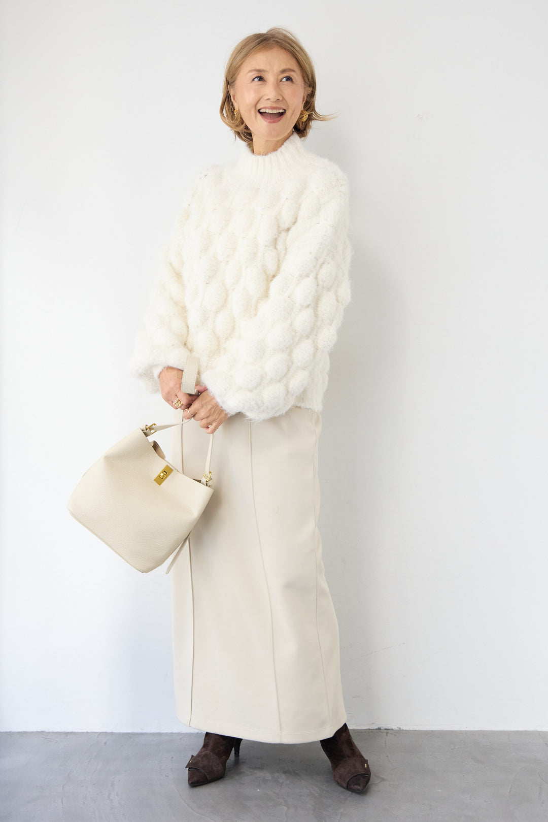 [SET]ポコポコニットプルオーバー+ダンボール ピンタックロングスカート(2set)