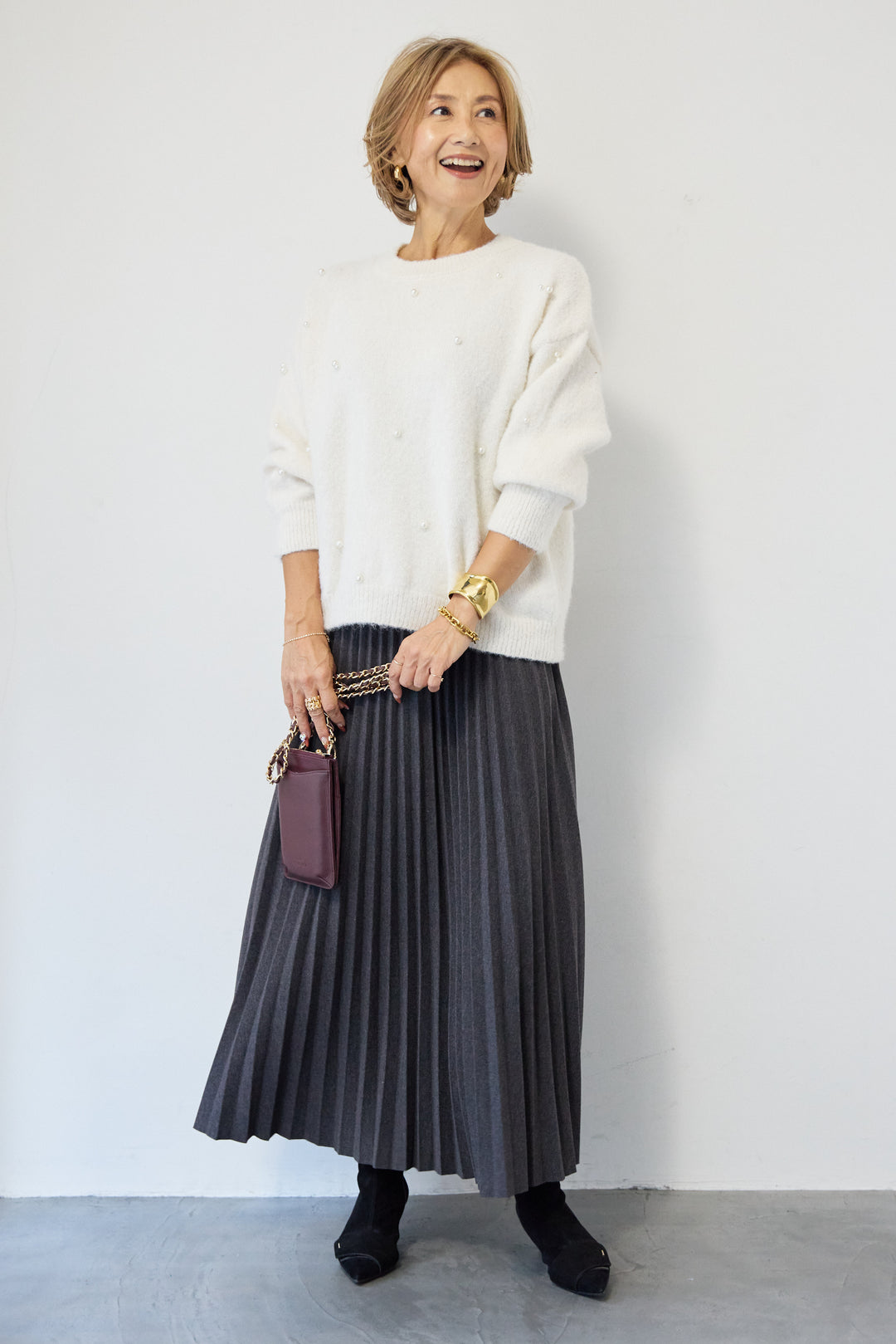 [SET]パールニット+ウエストゴムプリーツスカート(2set)