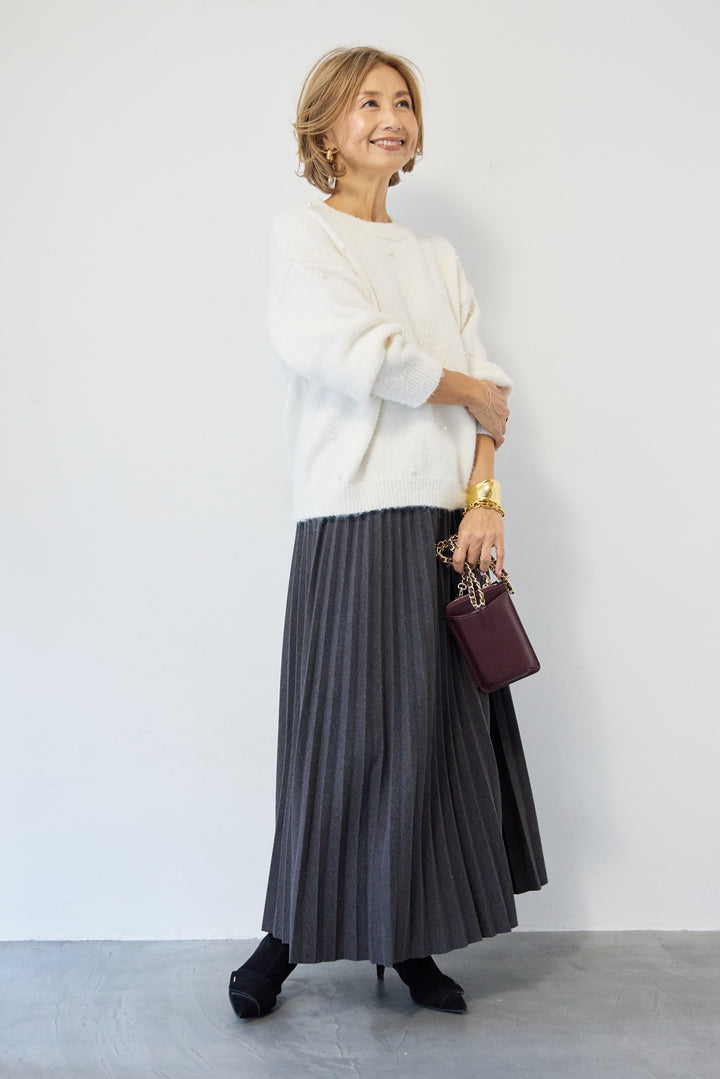[SET]パールニット+ウエストゴムプリーツスカート(2set)