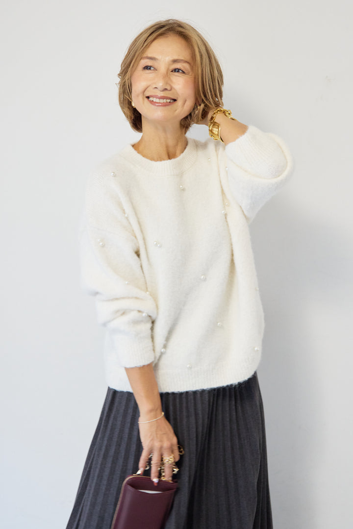 [SET]パールニット+ウエストゴムプリーツスカート(2set)