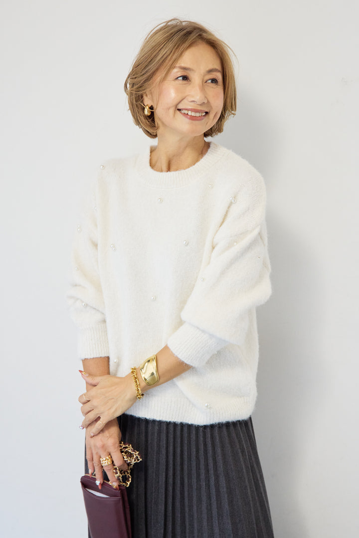 [SET]パールニット+ウエストゴムプリーツスカート(2set)