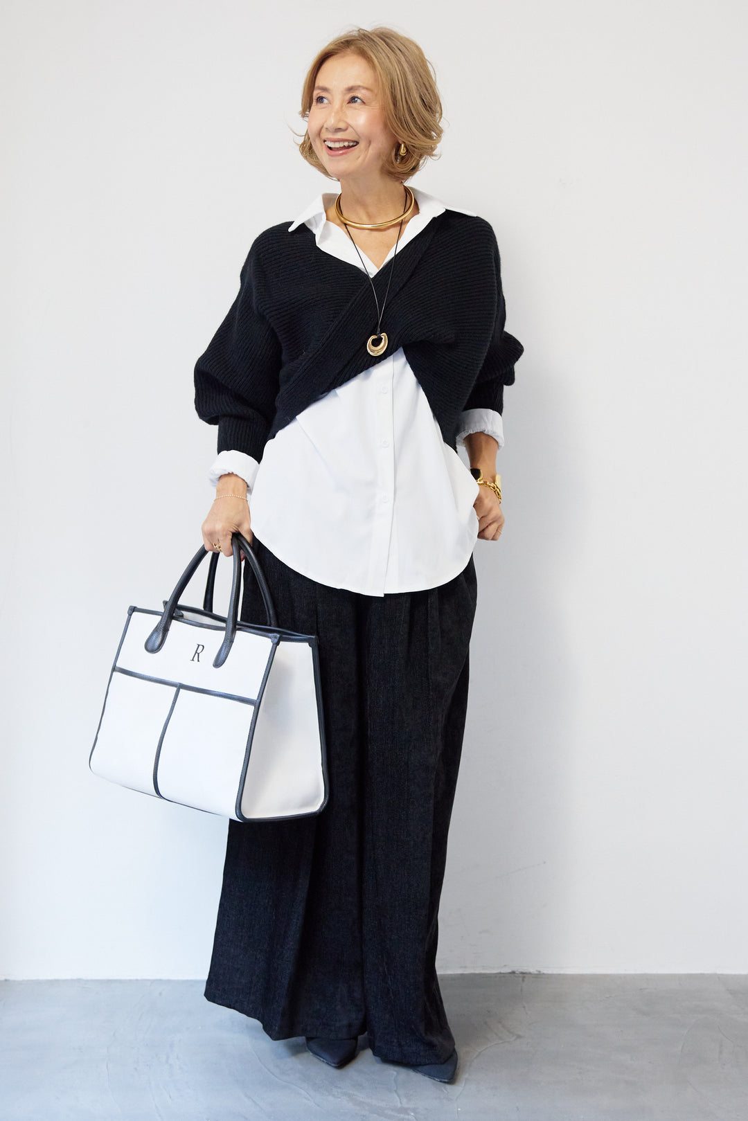 [SET]ツイストデザインニット+シャツアンサンブル+デニムライク起毛ワイドパンツ(2set)