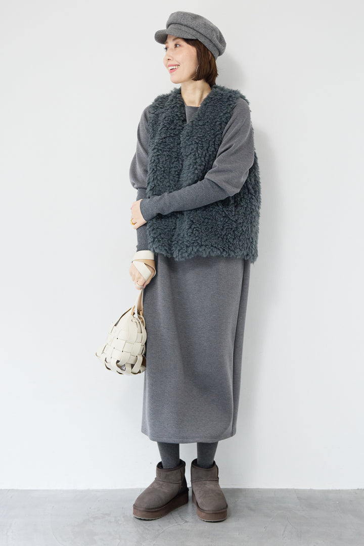 [SET]バックジップソフトダンボールワンピース+カーリーファーショートベスト(2set)