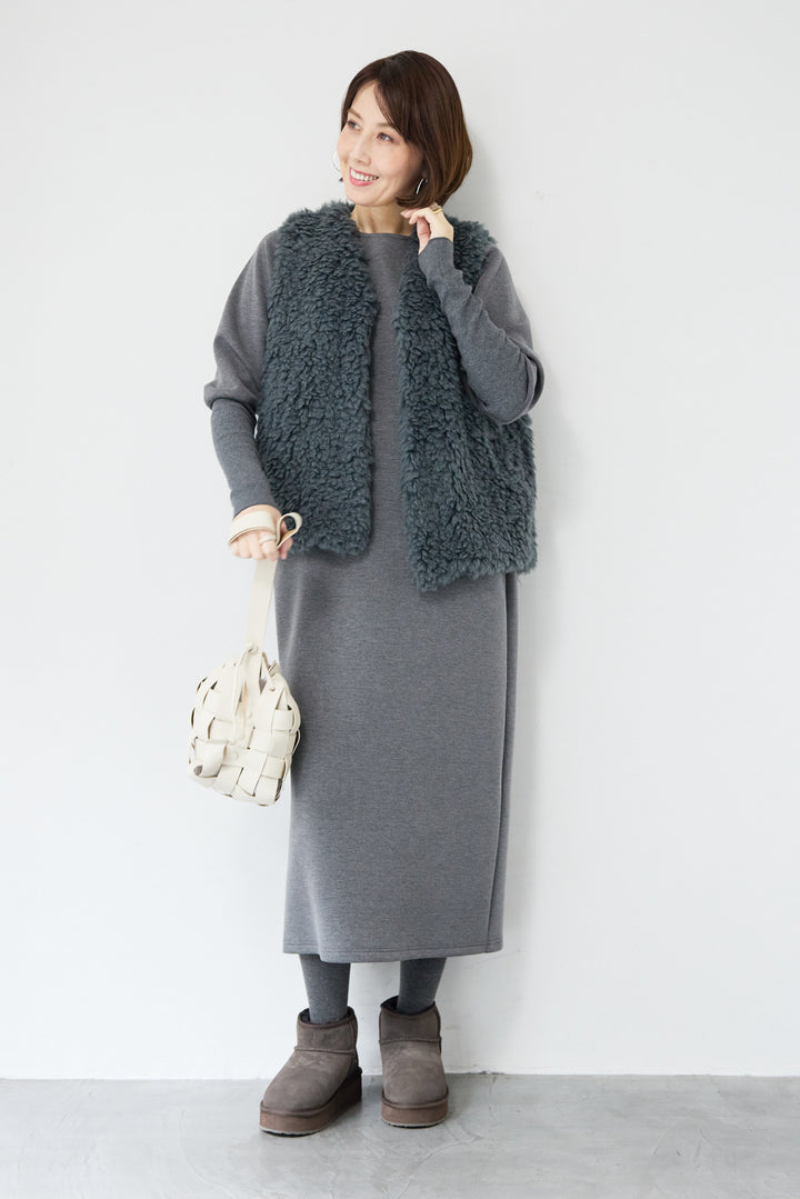 [SET]バックジップソフトダンボールワンピース+カーリーファーショートベスト(2set)