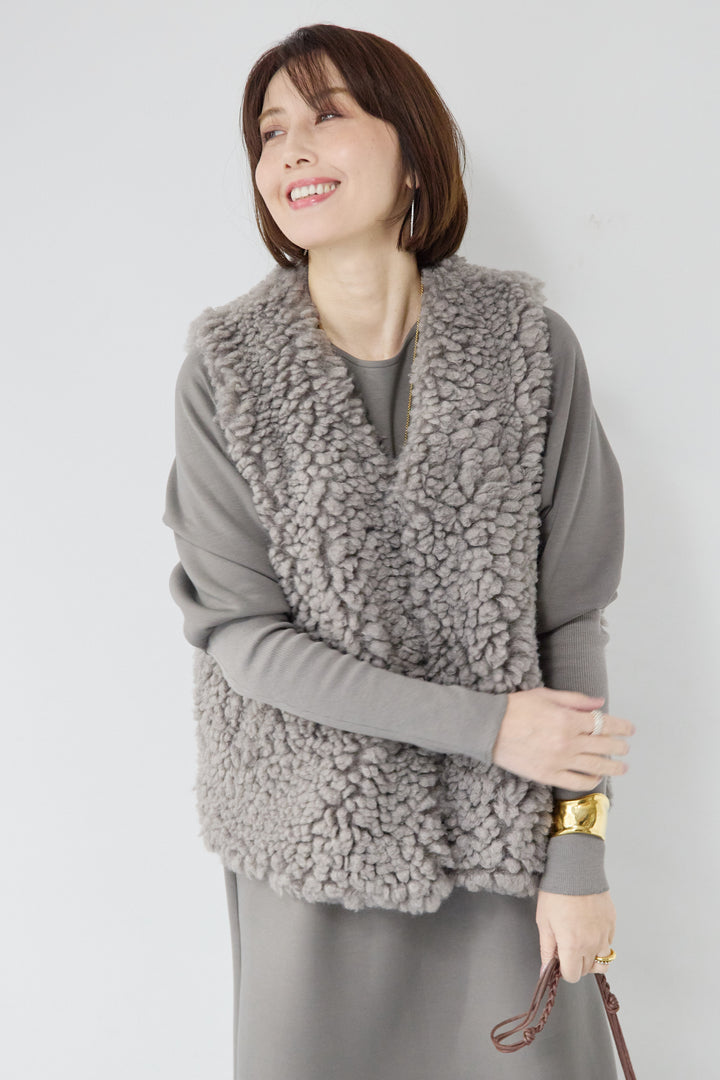 [SET]バックジップソフトダンボールワンピース+カーリーファーショートベスト(2set)