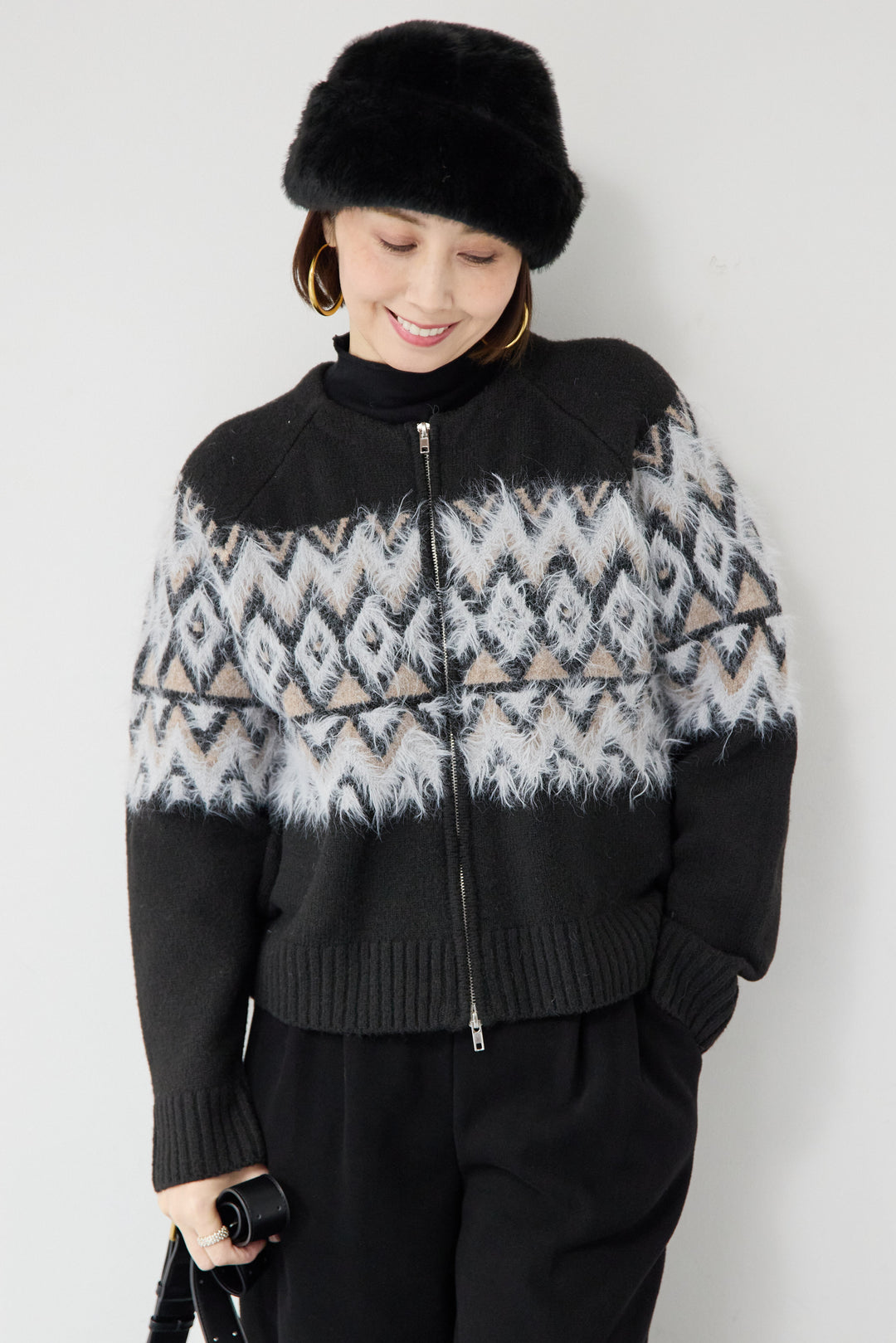 ノルディック柄シャギージップカーディガン