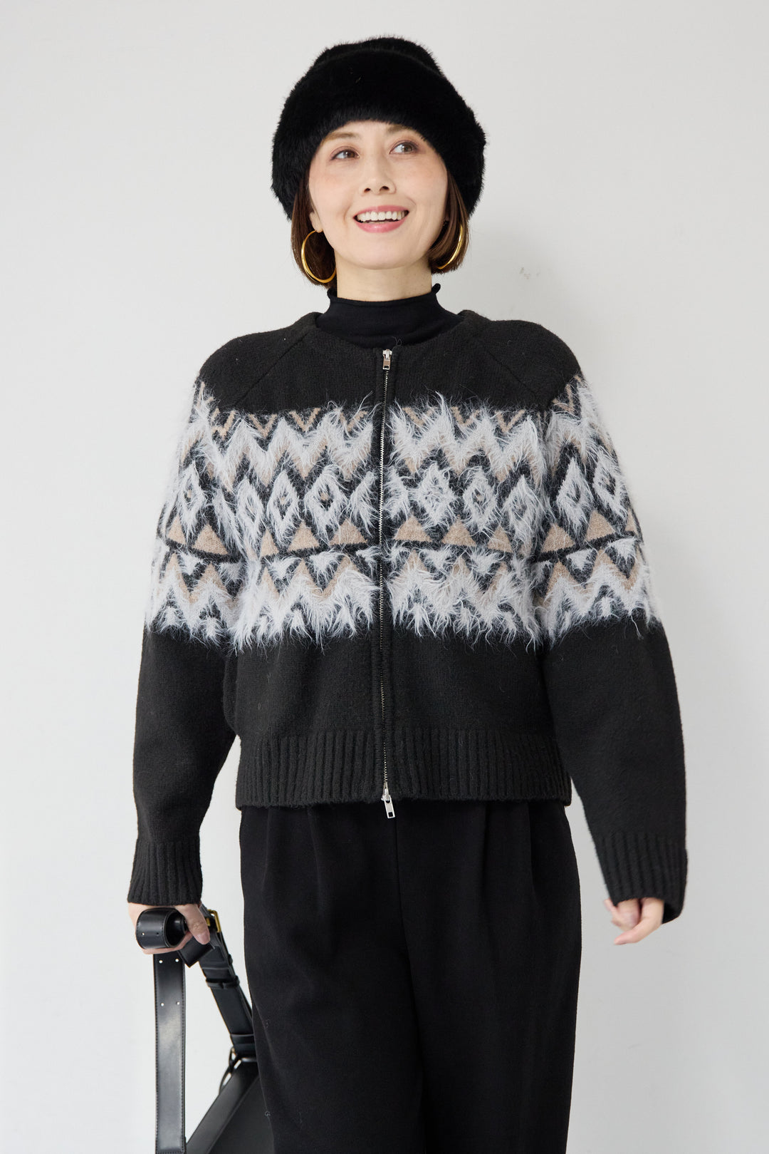 ノルディック柄シャギージップカーディガン