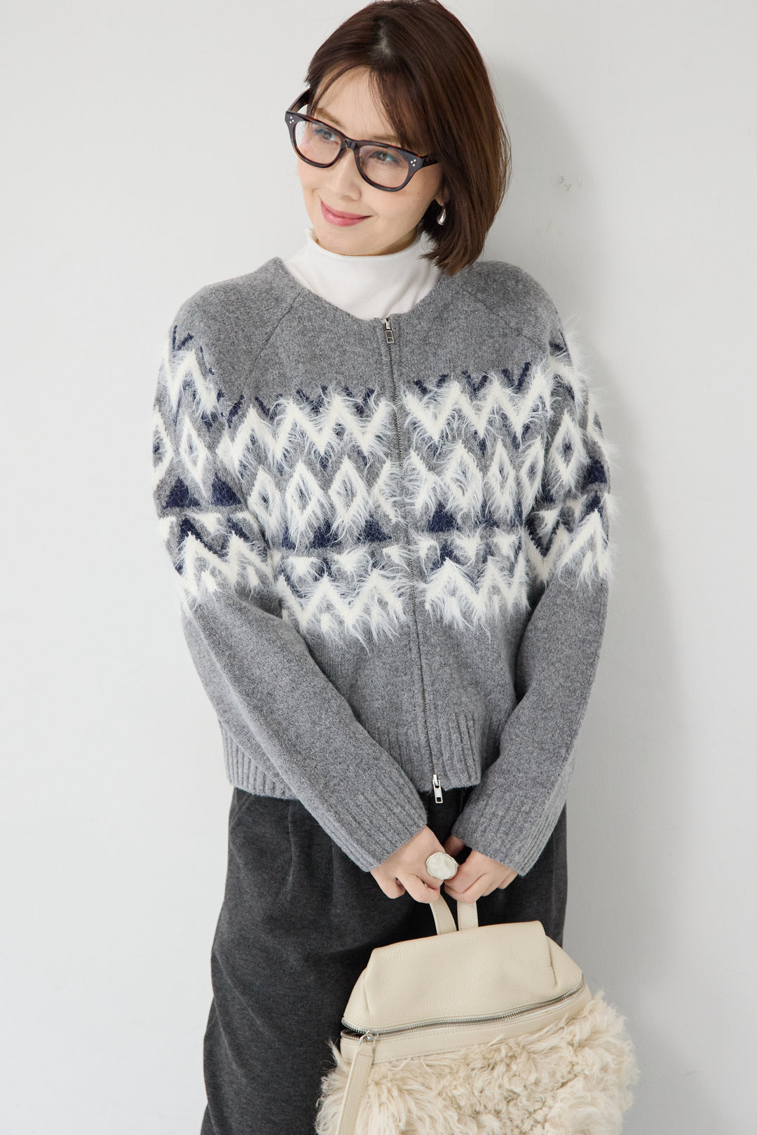 ノルディック柄シャギージップカーディガン