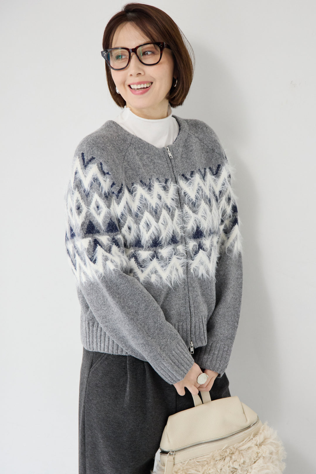 ノルディック柄シャギージップカーディガン