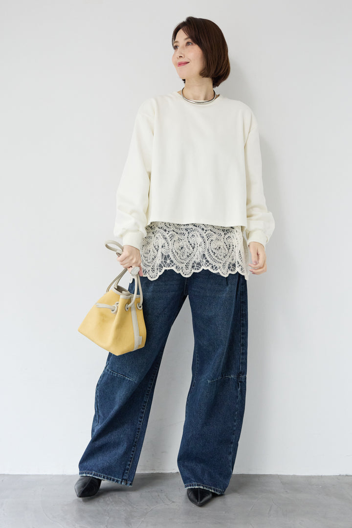 [SET]レースレイヤードプルオーバー+カーブデニムパンツ(2set)