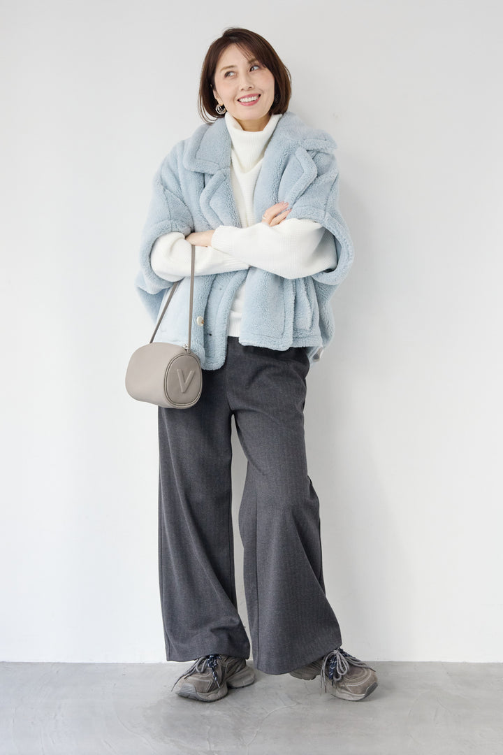 [SET]ボアポンチョコート+ふんわりワッフルタートルニット(2set)