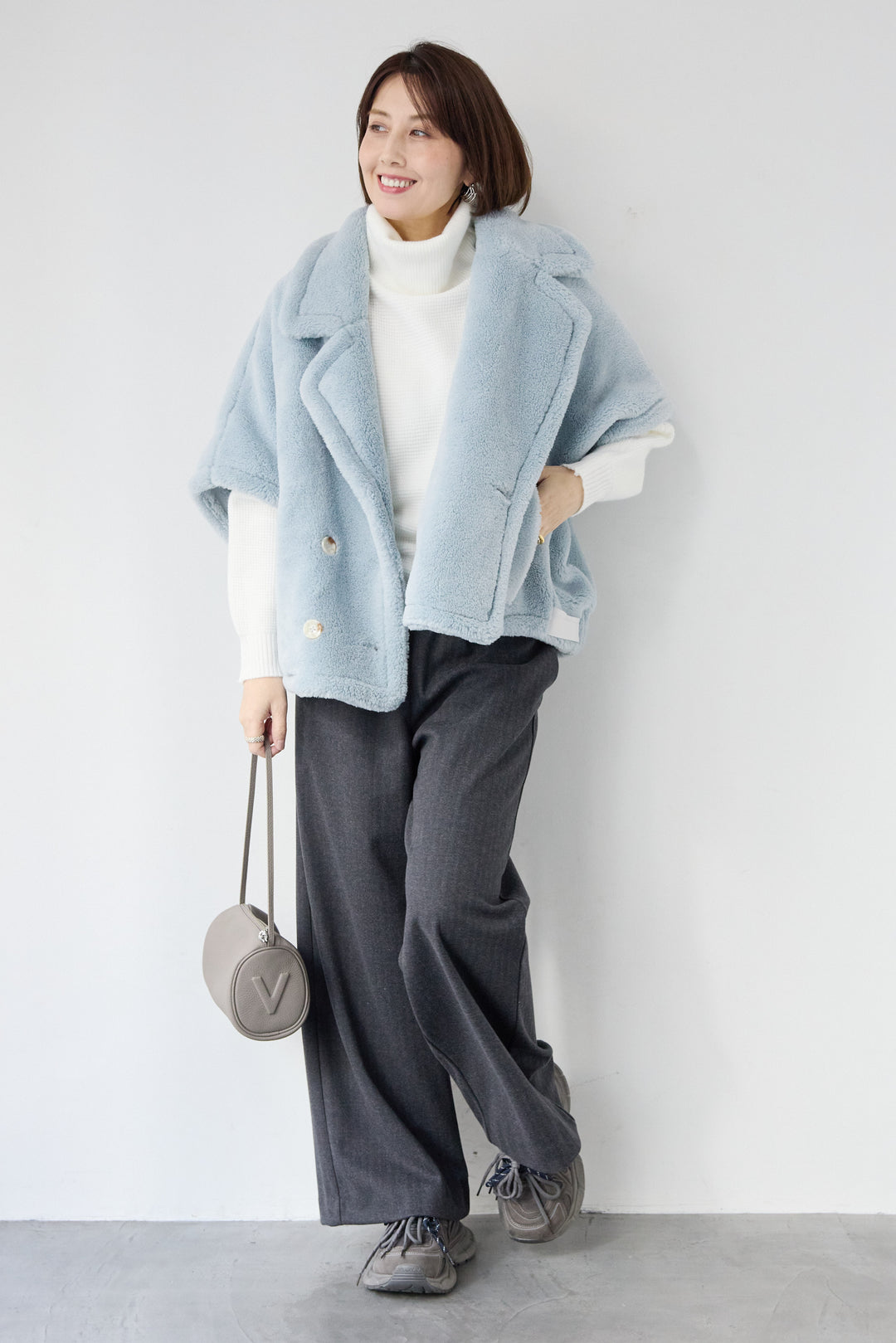 [SET]ボアポンチョコート+ふんわりワッフルタートルニット(2set)