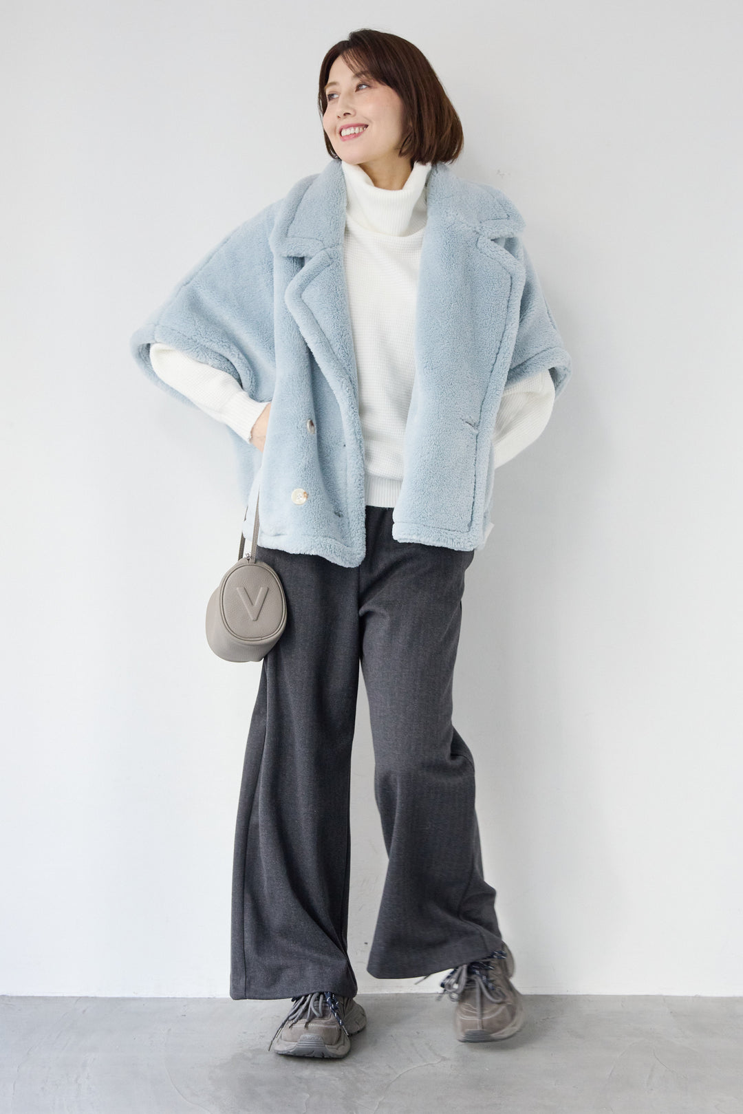 [SET]ボアポンチョコート+ふんわりワッフルタートルニット(2set)