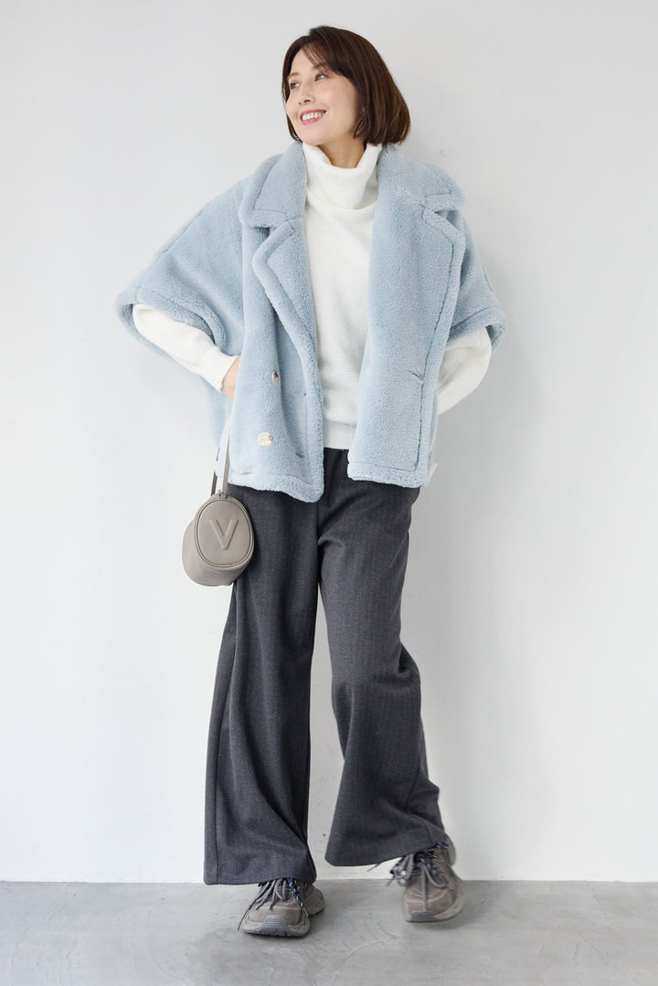 [SET]ボアポンチョコート+ふんわりワッフルタートルニット(2set)