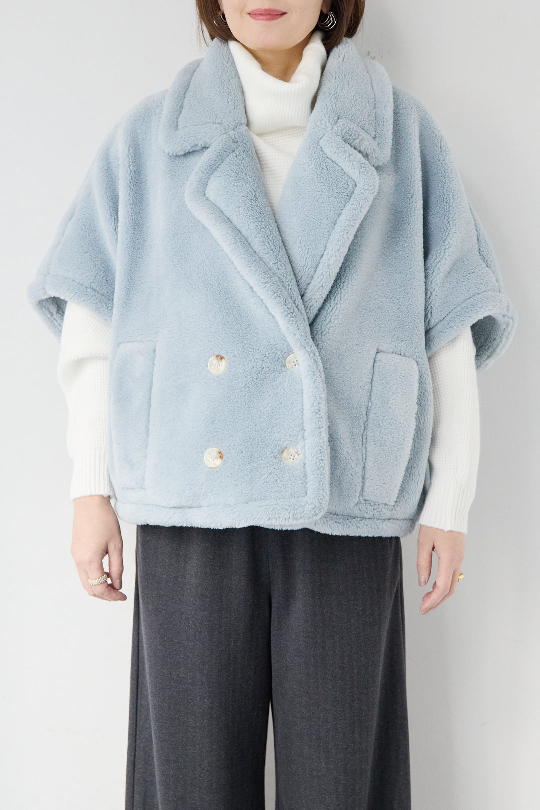 [SET]ボアポンチョコート+ふんわりワッフルタートルニット(2set)