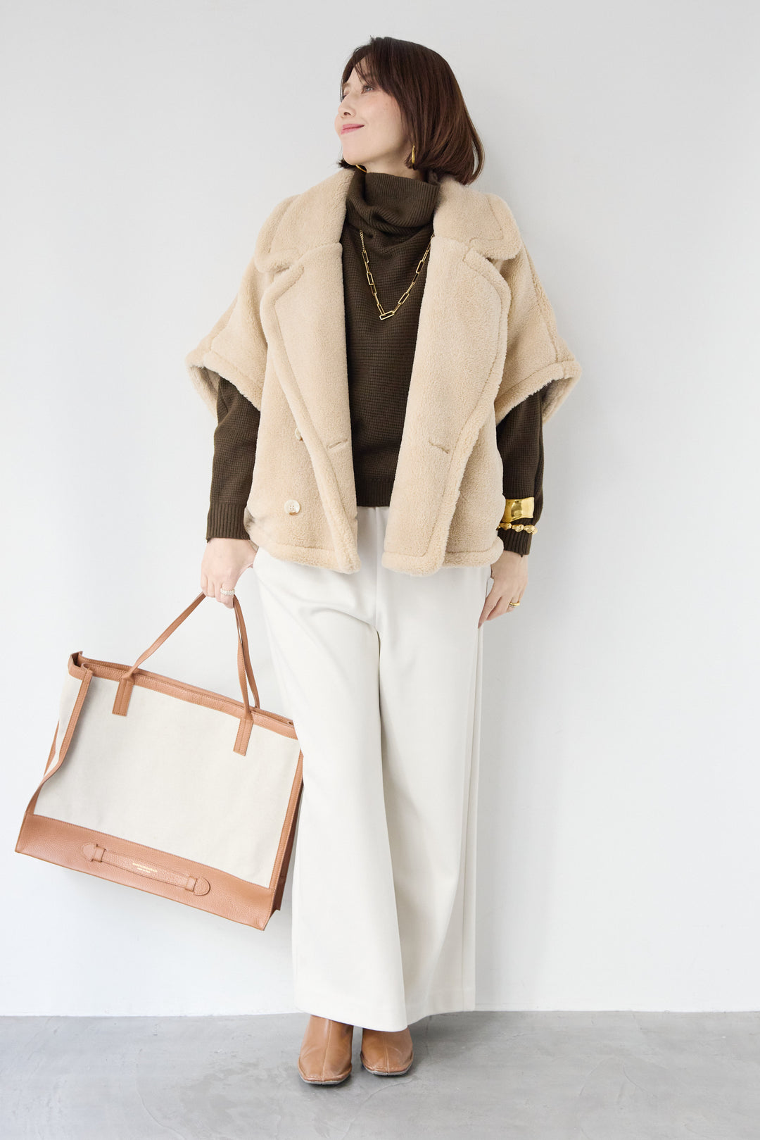 [SET]ボアポンチョコート+ふんわりワッフルタートルニット(2set)