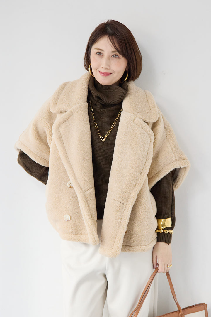 [SET]ボアポンチョコート+ふんわりワッフルタートルニット(2set)