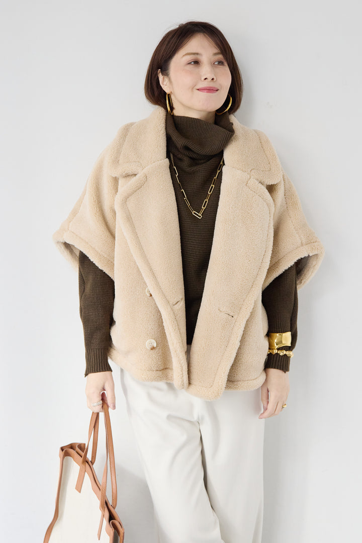 [SET]ボアポンチョコート+ふんわりワッフルタートルニット(2set)