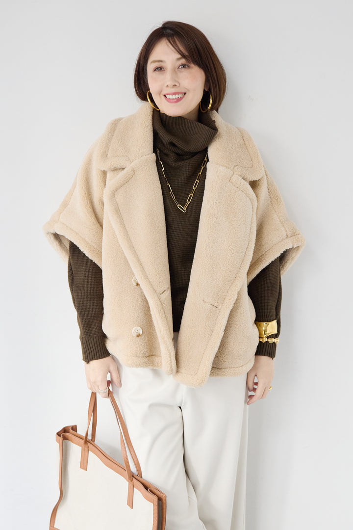 [SET]ボアポンチョコート+ふんわりワッフルタートルニット(2set)