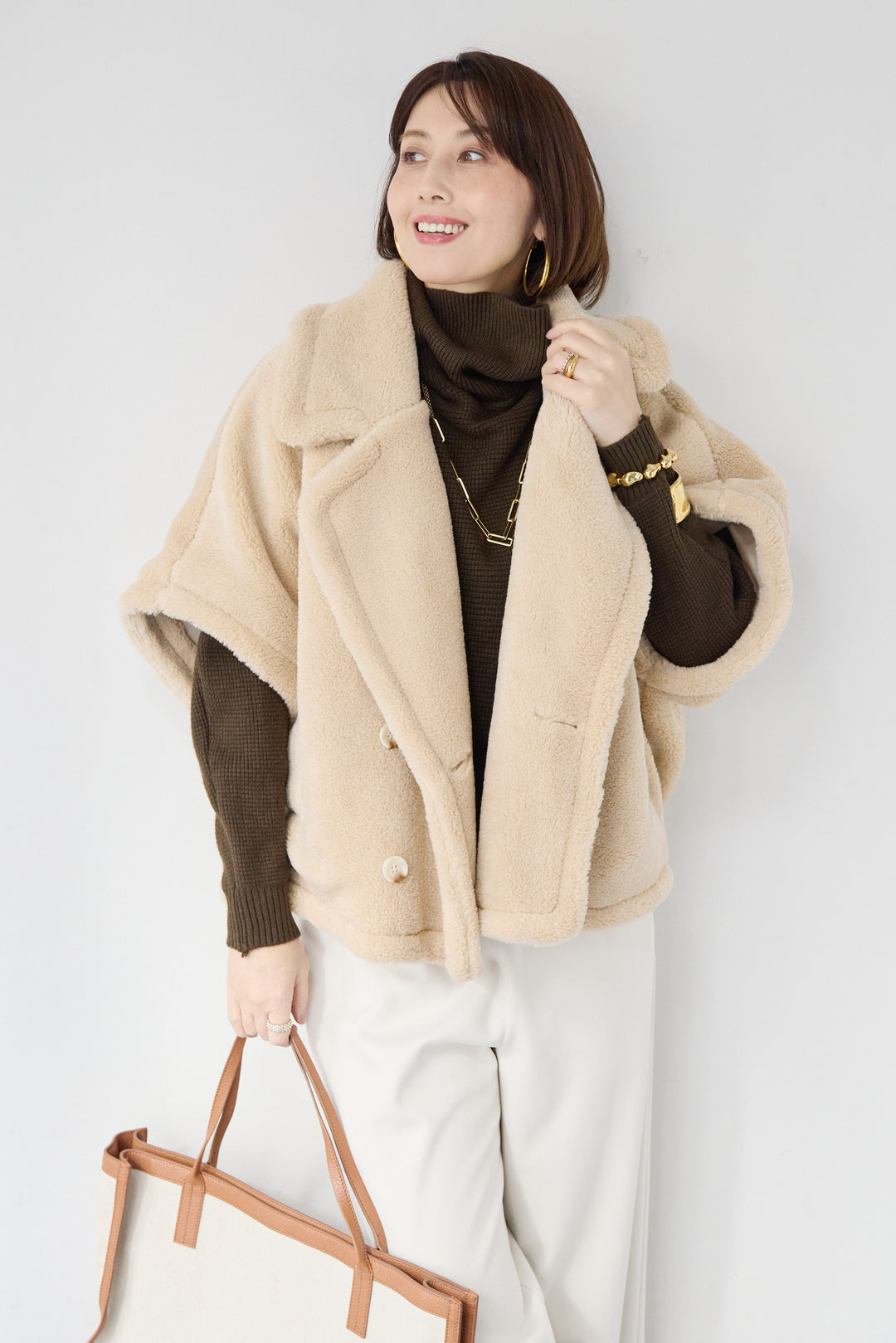 [SET]ボアポンチョコート+ふんわりワッフルタートルニット(2set)