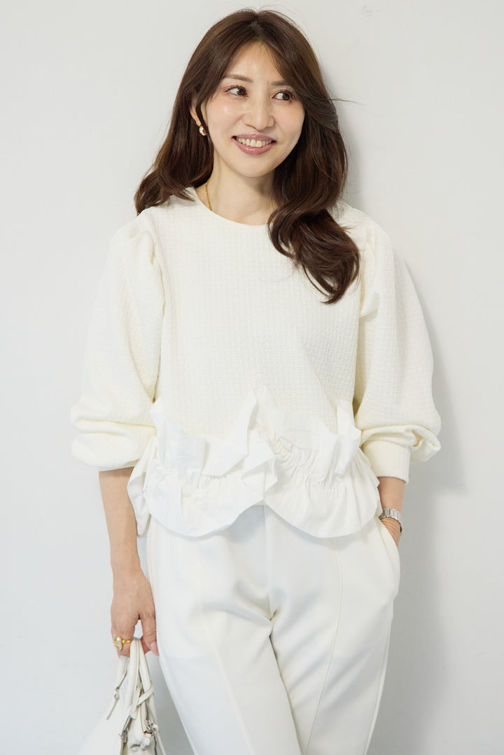 [SET]ふくれジャガードフリルヘムプルオーバー+【REIKOコラボ】スウェット起毛ジョガーパンツ(2set)