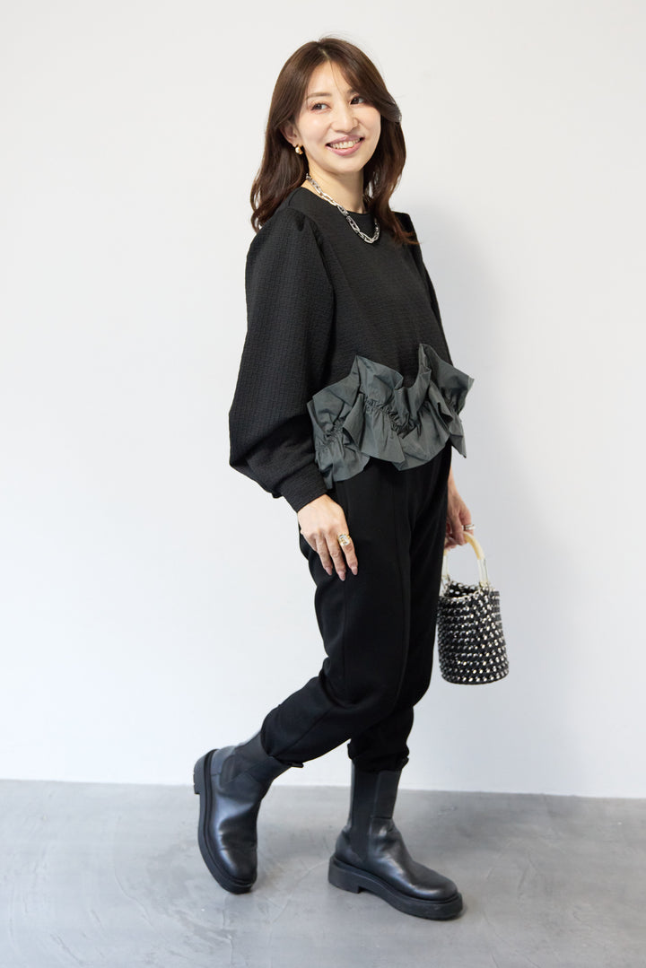 [SET]ふくれジャガードフリルヘムプルオーバー+【REIKOコラボ】スウェット起毛ジョガーパンツ(2set)