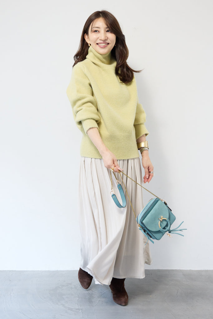 SET]ライトウォームタートルネックニット+ヴィンテージサテンプリーツ