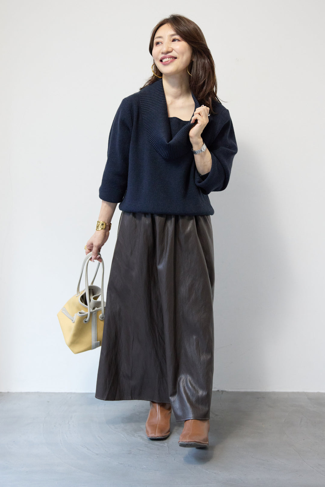 [SET]ショールカラーニットプルオーバー+エコレザーフレアスカート(2set)