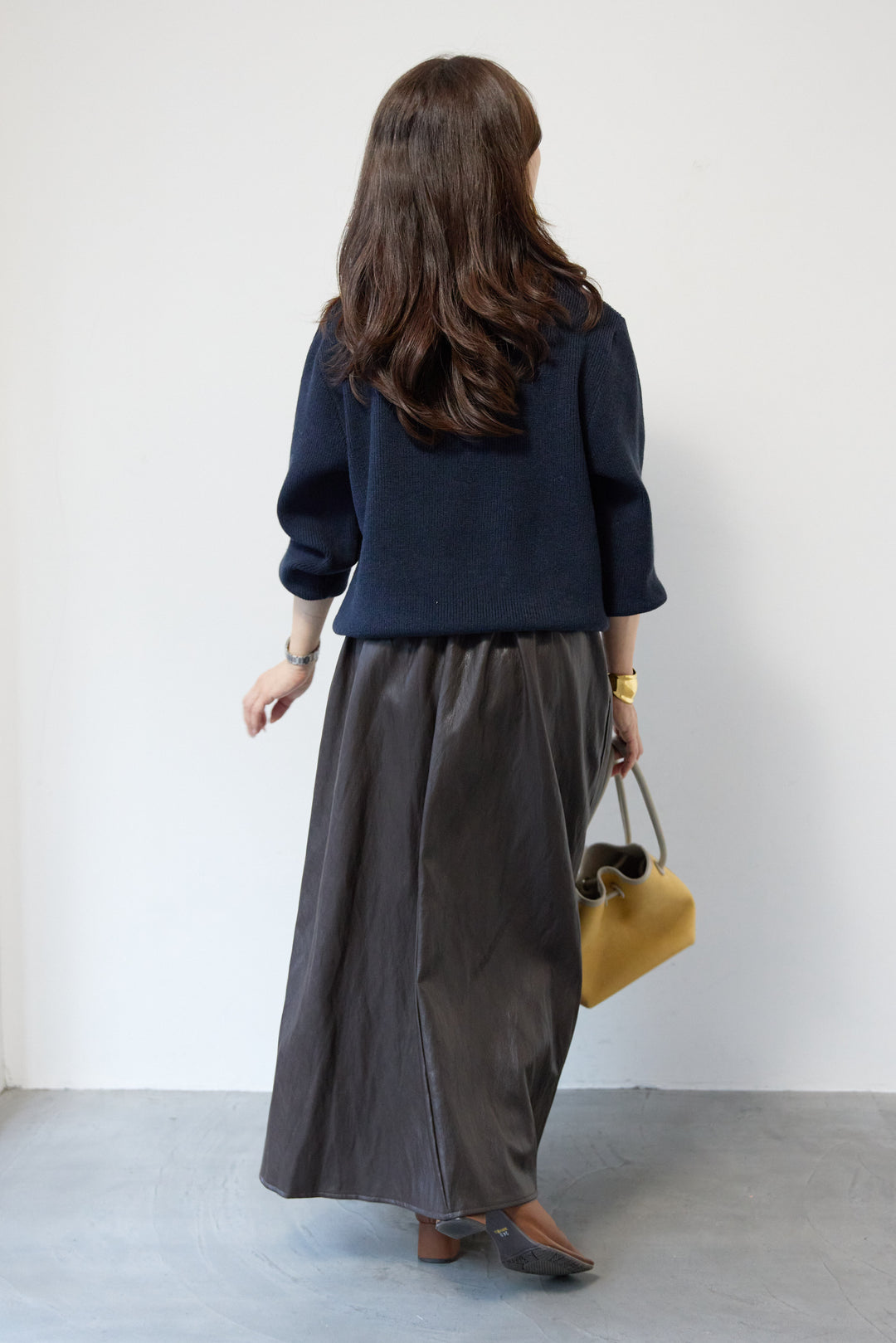 [SET]ショールカラーニットプルオーバー+エコレザーフレアスカート(2set)