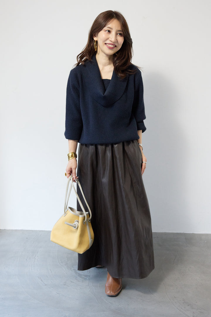 [SET]ショールカラーニットプルオーバー+エコレザーフレアスカート(2set)